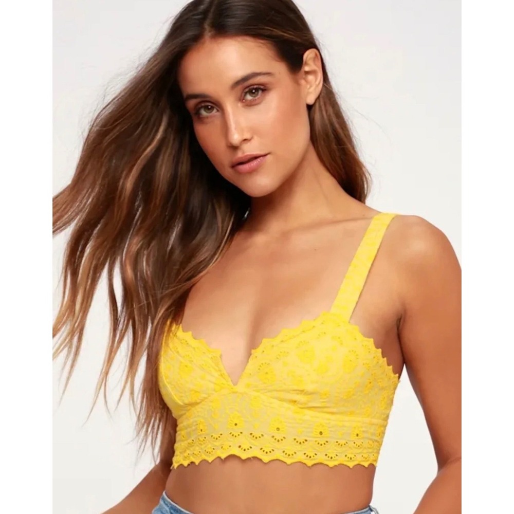 Intimately Free People Yellow Eyelet Lace Bralette Smocked Back Crop Top XS
